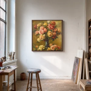 Framed print of Roses in a Vase hanging on a wall in a furnished room