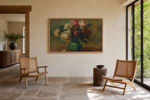 Framed print of Roses in a Vase hanging on a wall in a furnished room