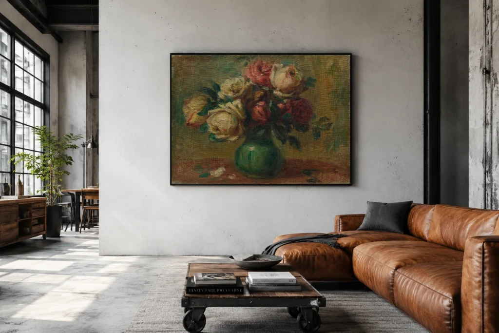 Framed print of Roses in a Vase hanging on a wall in a furnished room