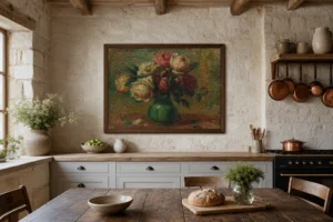 Framed print of Roses in a Vase hanging on a wall in a furnished room