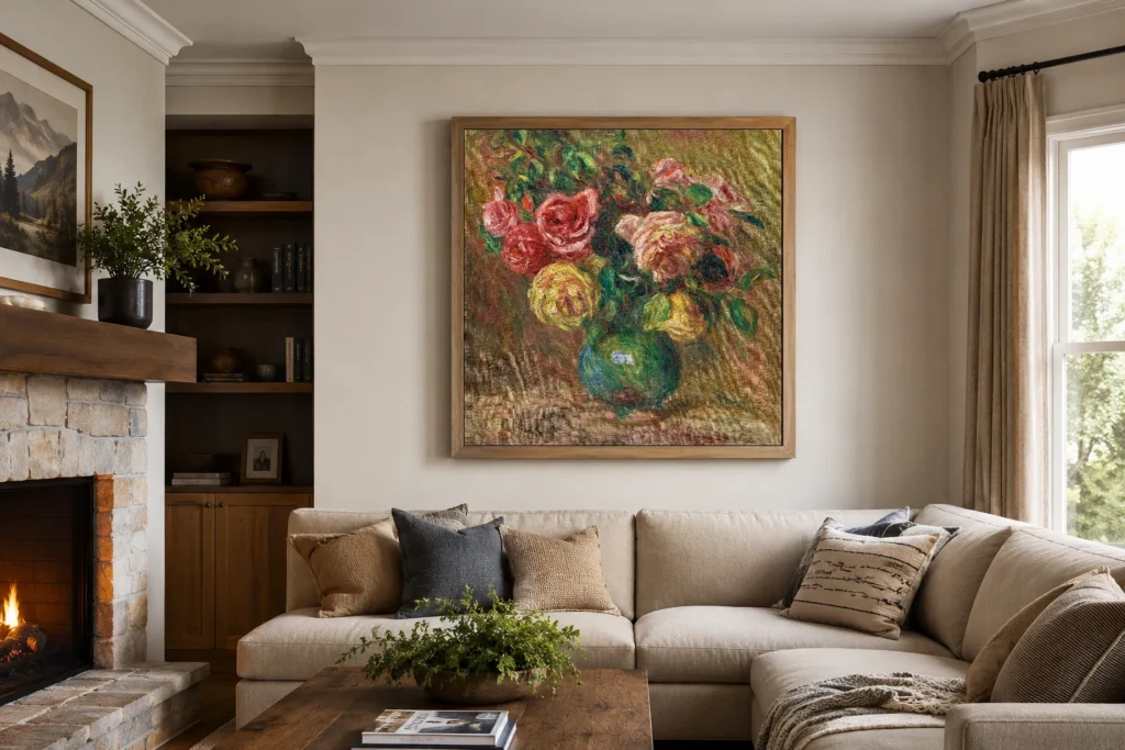 Framed print of Roses in a gern vase hanging on a wall in a furnished room