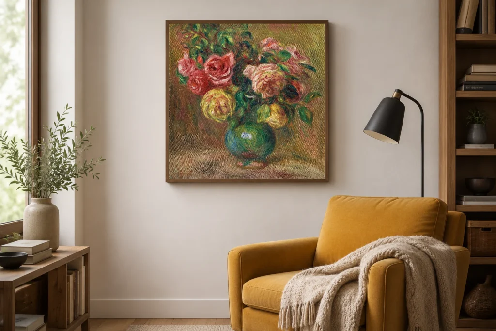 Framed print of Roses in a gern vase hanging on a wall in a furnished room