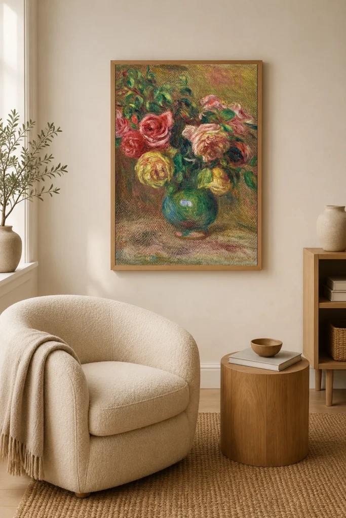 Framed print of Roses in a gern vase hanging on a wall in a furnished room
