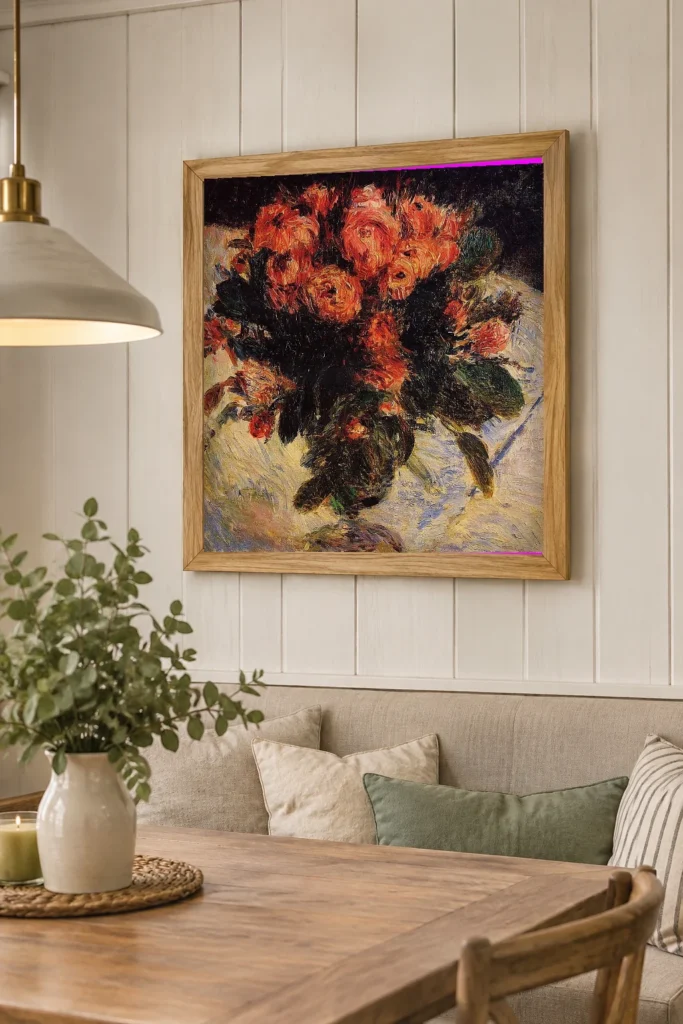Framed print of Moss Roses hanging on a wall in a furnished room
