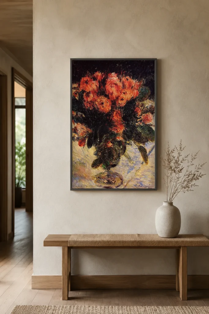 Framed print of Moss Roses hanging on a wall in a furnished room