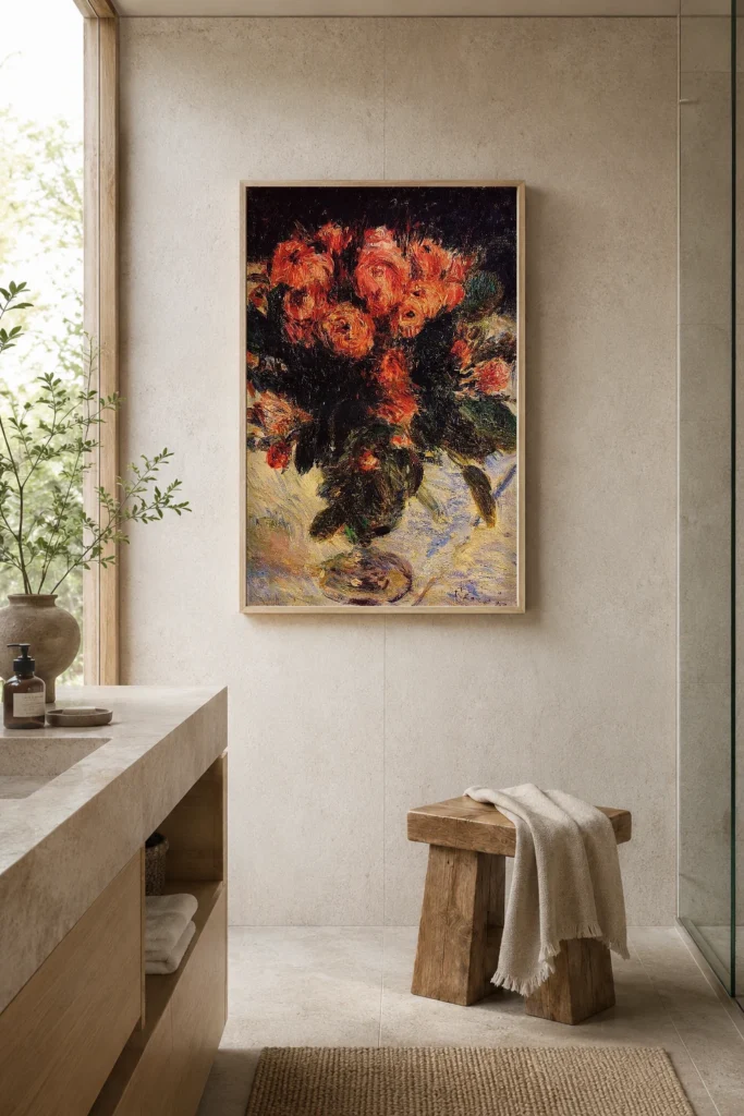 Framed print of Moss Roses hanging on a wall in a furnished room