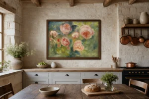 Framed print of Roses, Sketch hanging on a wall in a furnished room