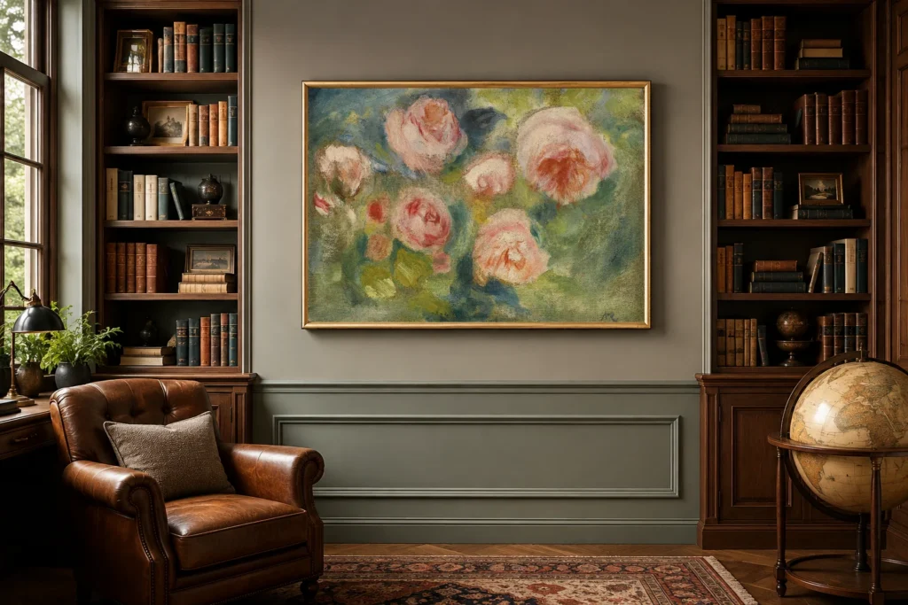 Framed print of Roses, Sketch hanging on a wall in a furnished room