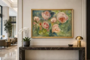 Framed print of Roses, Sketch hanging on a wall in a furnished room