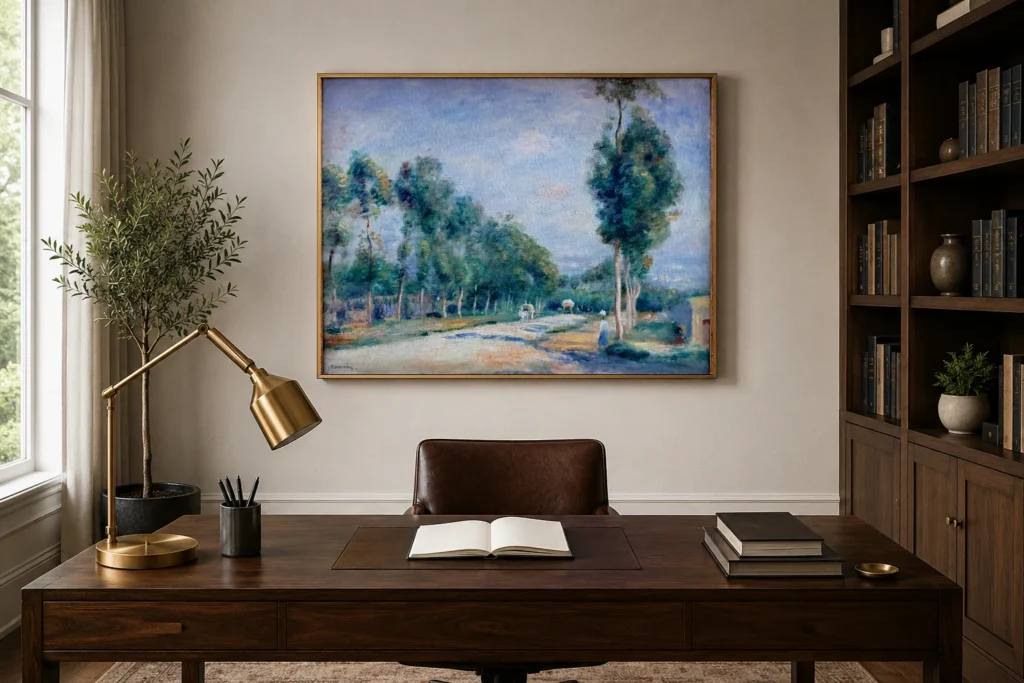 Framed print of Road from Versailles to Louveciennes hanging on a wall in a furnished room