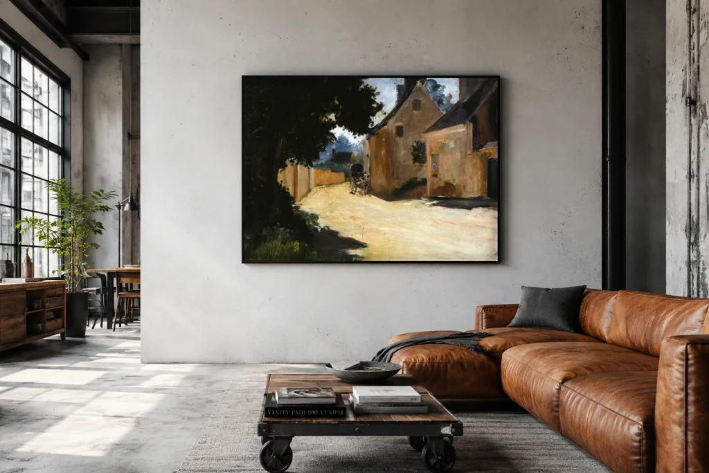 Framed print of Village Street, Louveciennes hanging on a wall in a furnished room