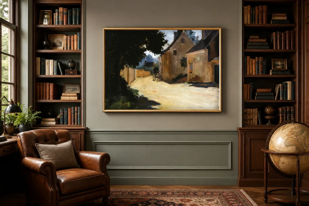 Framed print of Village Street, Louveciennes hanging on a wall in a furnished room