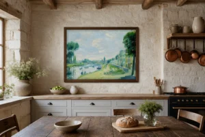 Framed print of Banks of the Seine, Bougival hanging on a wall in a furnished room