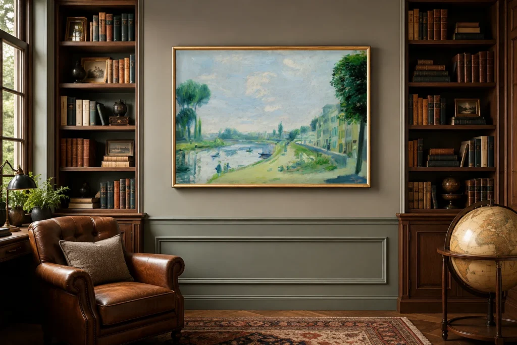 Framed print of Banks of the Seine, Bougival hanging on a wall in a furnished room