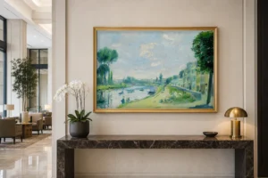 Framed print of Banks of the Seine, Bougival hanging on a wall in a furnished room