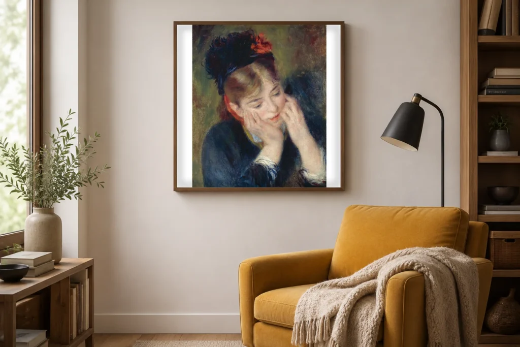 Framed print of Reflection hanging on a wall in a furnished room