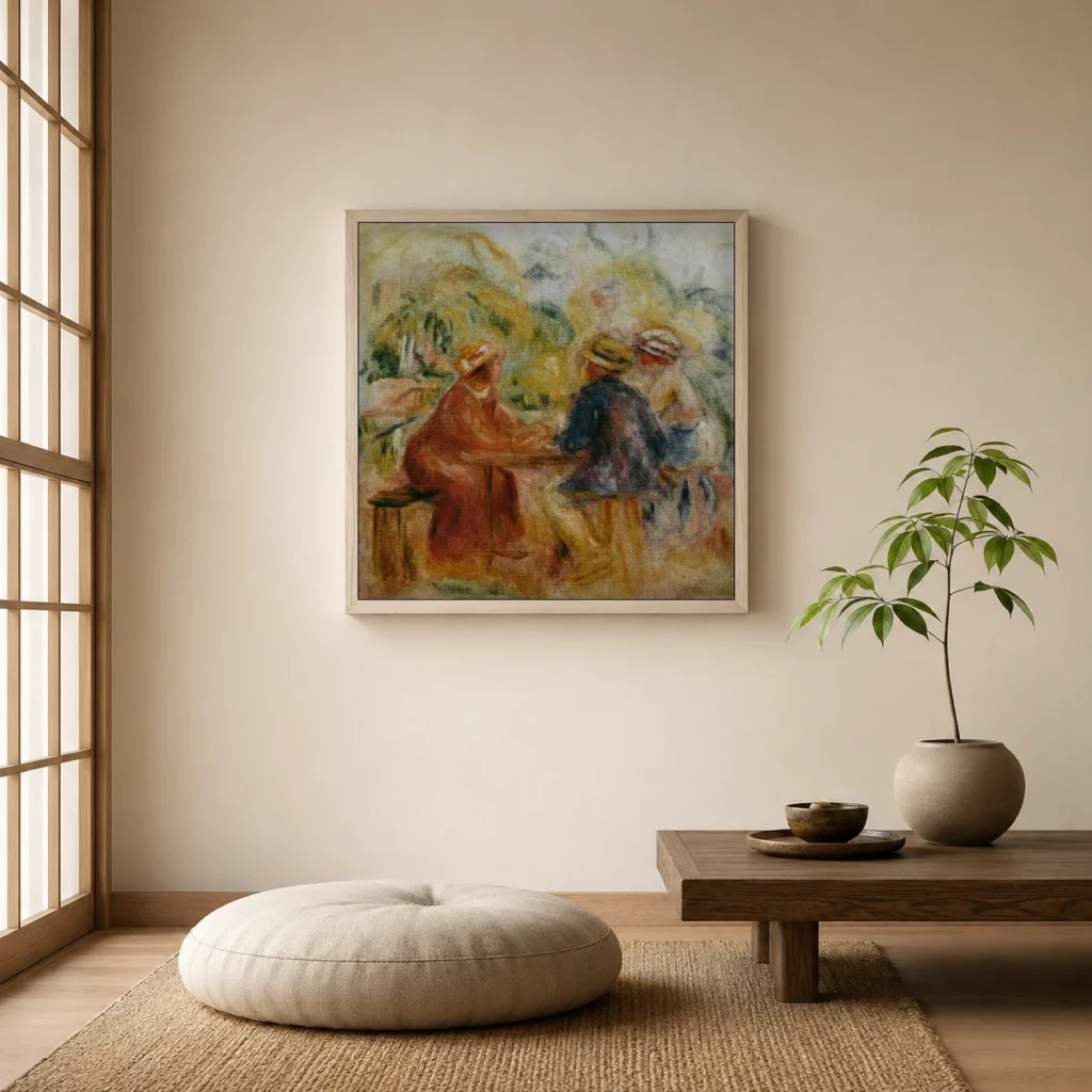 Framed print of Gathering in the Garden hanging on a wall in a furnished room