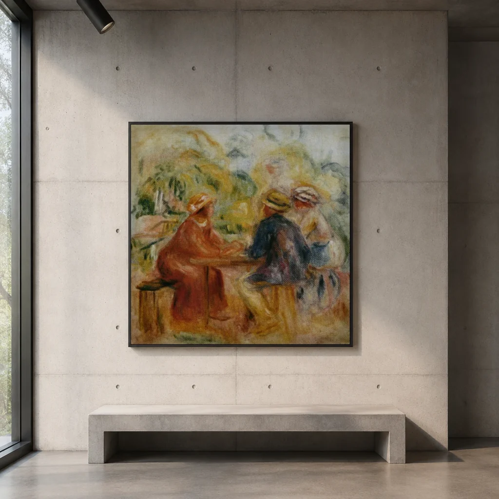 Framed print of Gathering in the Garden hanging on a wall in a furnished room