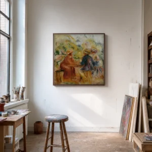 Framed print of Gathering in the Garden hanging on a wall in a furnished room