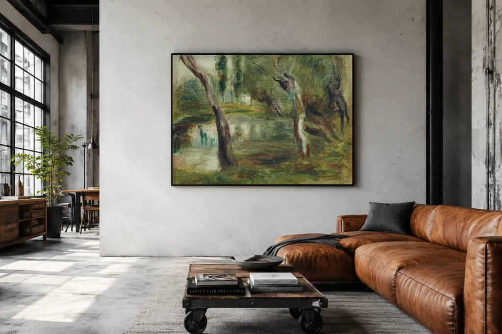 Framed print of Willow by a Pond hanging on a wall in a furnished room