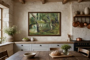 Framed print of Willow by a Pond hanging on a wall in a furnished room