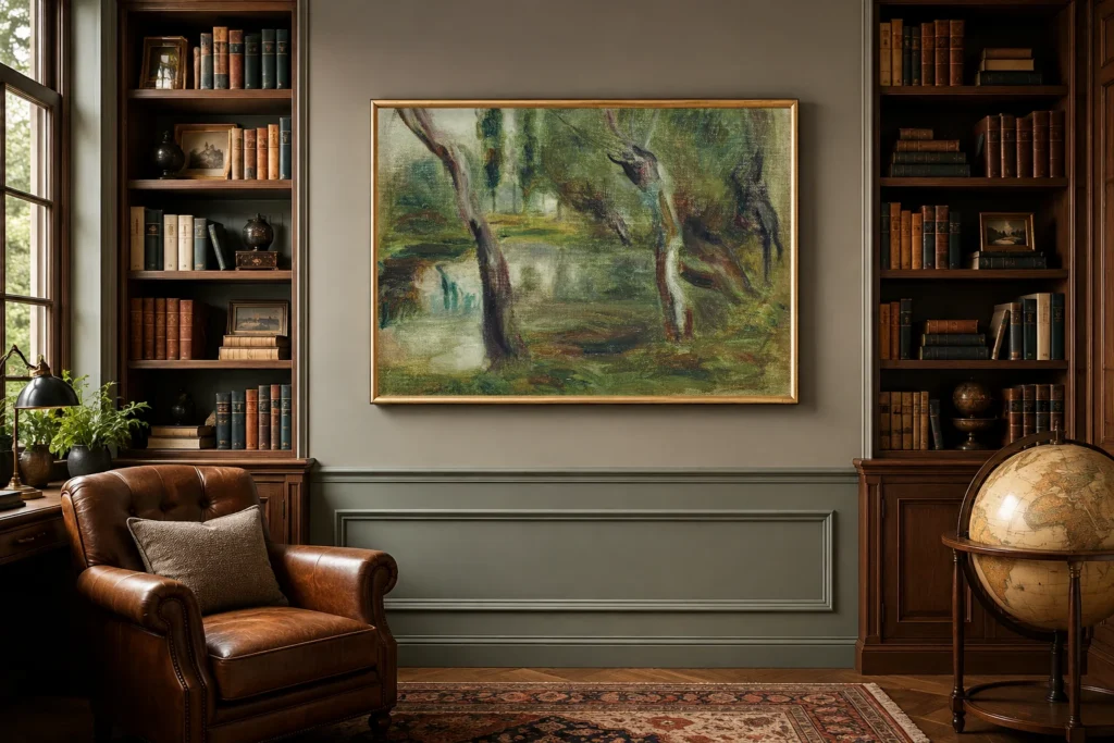 Framed print of Willow by a Pond hanging on a wall in a furnished room