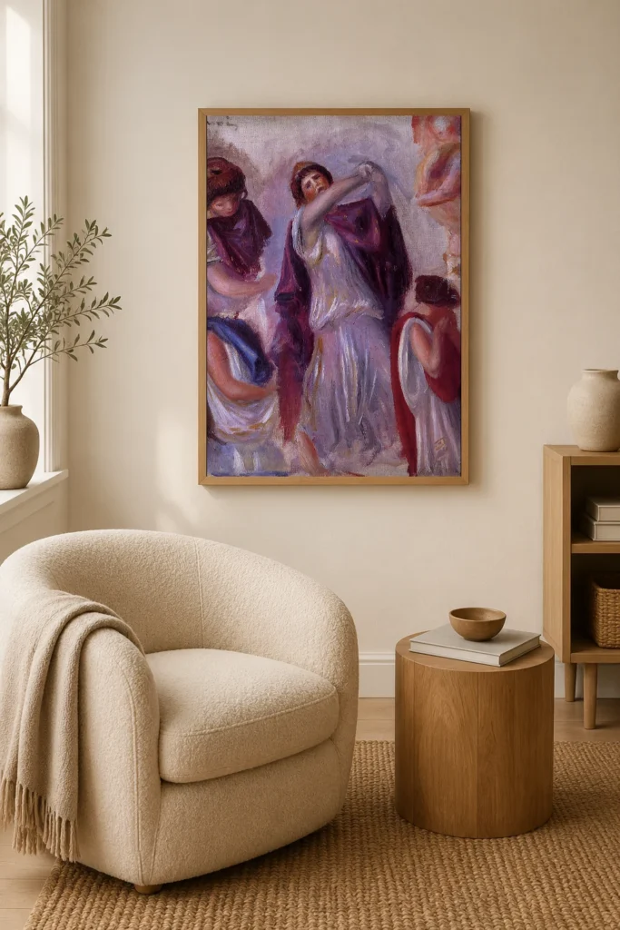 Framed print of Antique Scene, Women in Peplums hanging on a wall in a furnished room