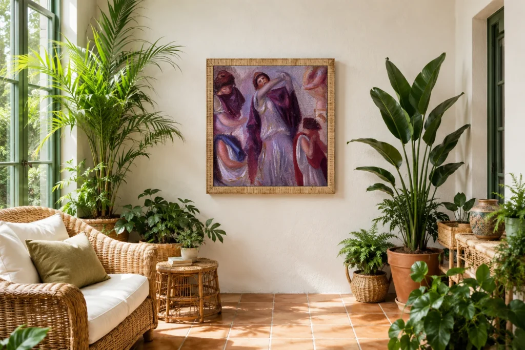 Framed print of Antique Scene, Women in Peplums hanging on a wall in a furnished room