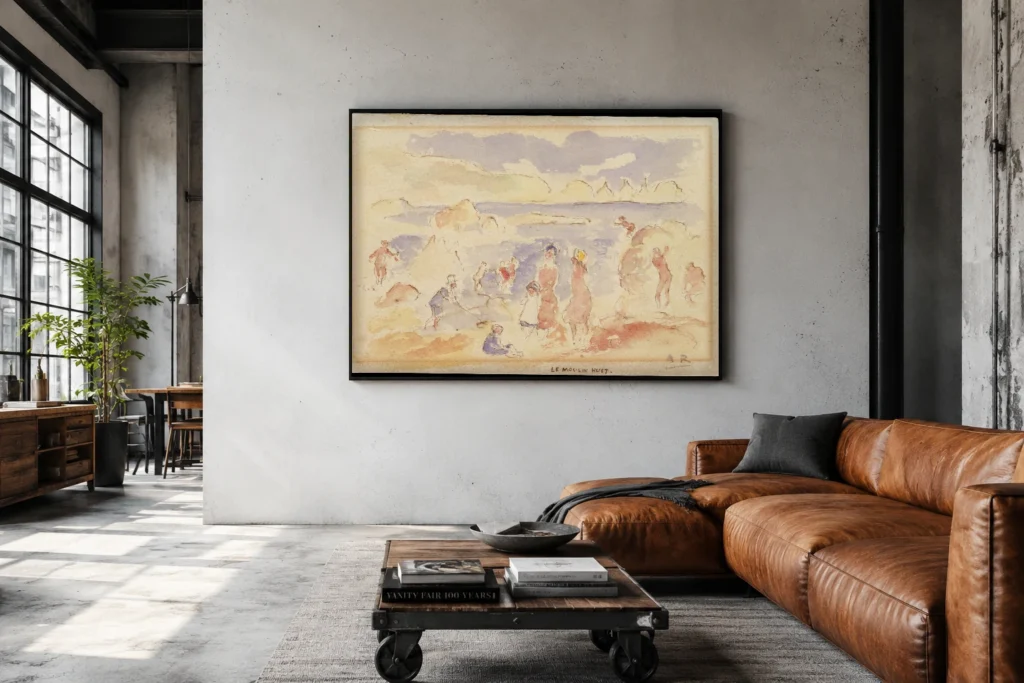 Framed print of Beach Scene hanging on a wall in a furnished room