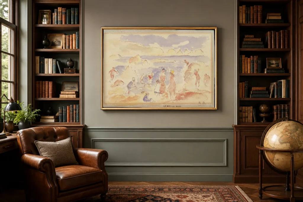 Framed print of Beach Scene hanging on a wall in a furnished room