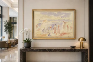 Framed print of Beach Scene hanging on a wall in a furnished room