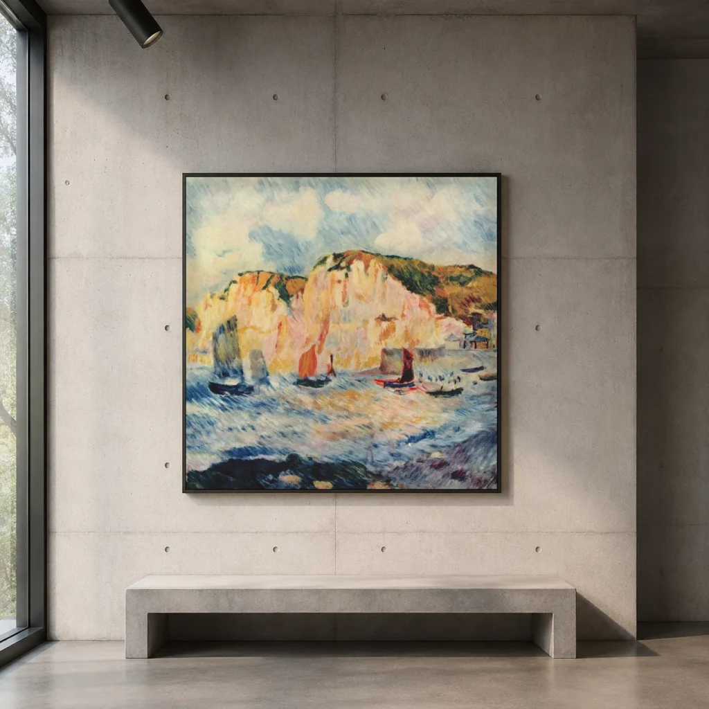Framed print of Sea and Cliffs hanging on a wall in a furnished room
