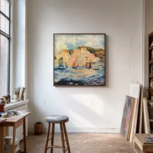Framed print of Sea and Cliffs hanging on a wall in a furnished room