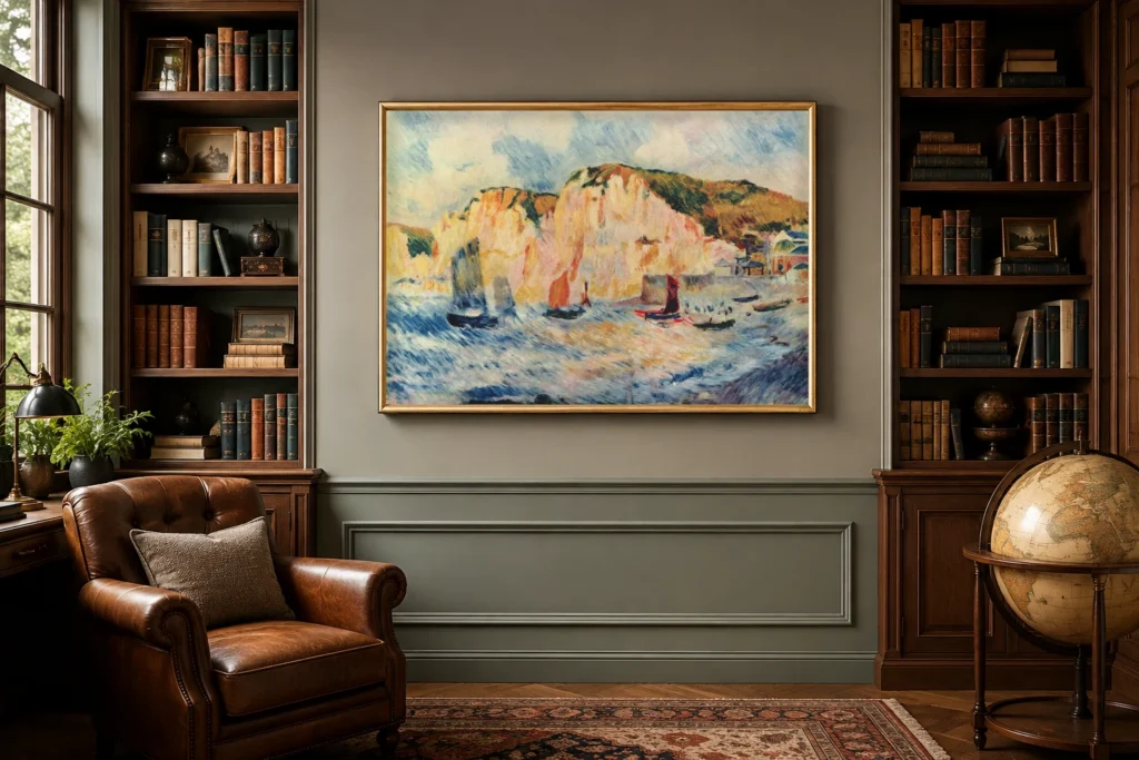 Framed print of Sea and Cliffs hanging on a wall in a furnished room