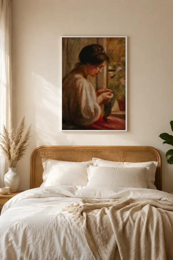 Framed print of Seamstress at Window hanging on a wall in a furnished room