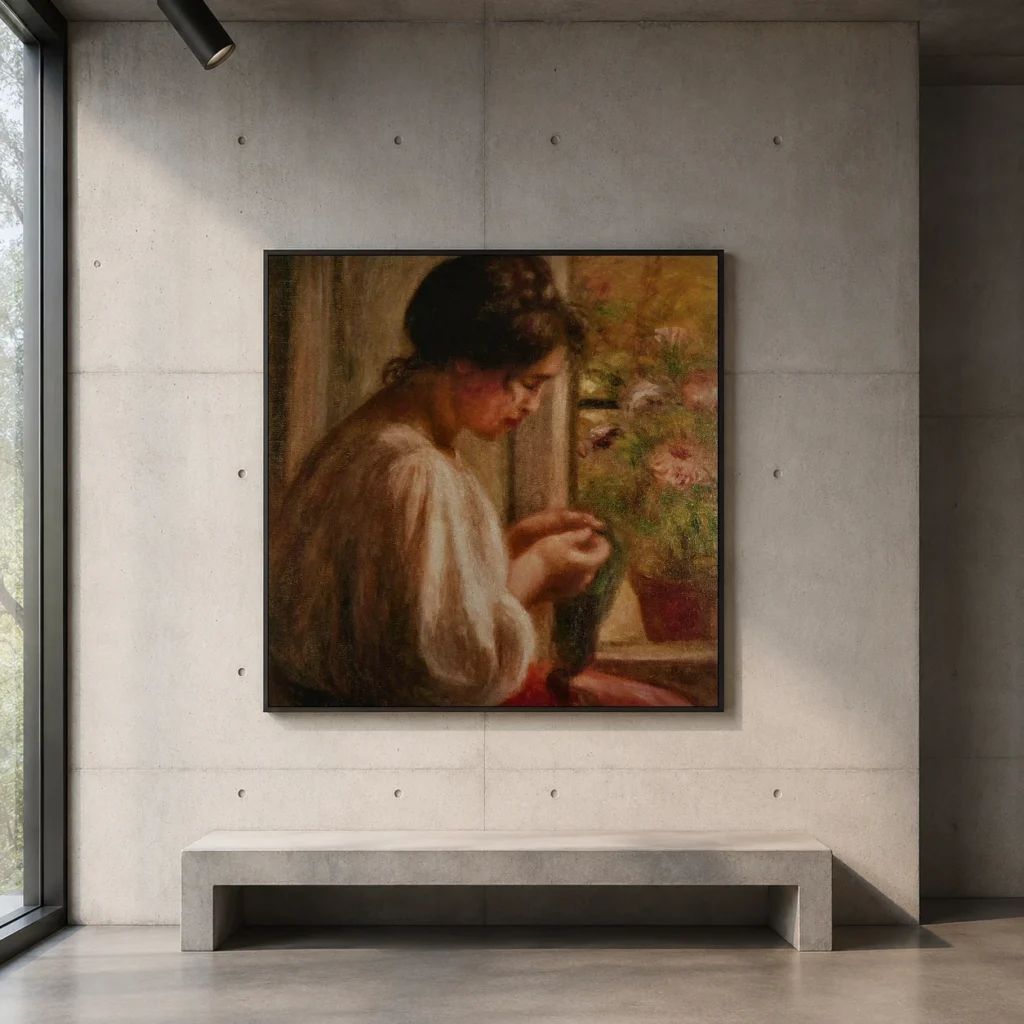 Framed print of Seamstress at Window hanging on a wall in a furnished room