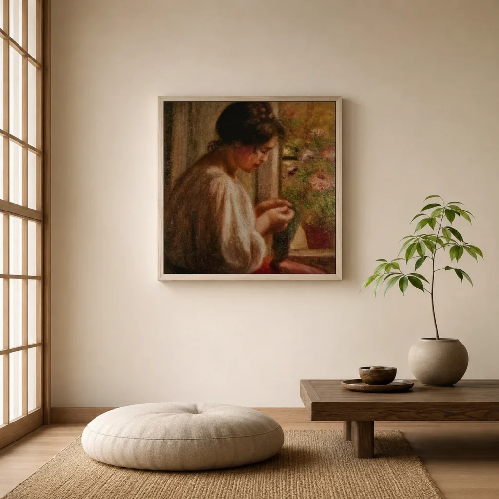 Framed print of Seamstress at Window hanging on a wall in a furnished room