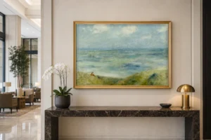 Framed print of Seascape hanging on a wall in a furnished room