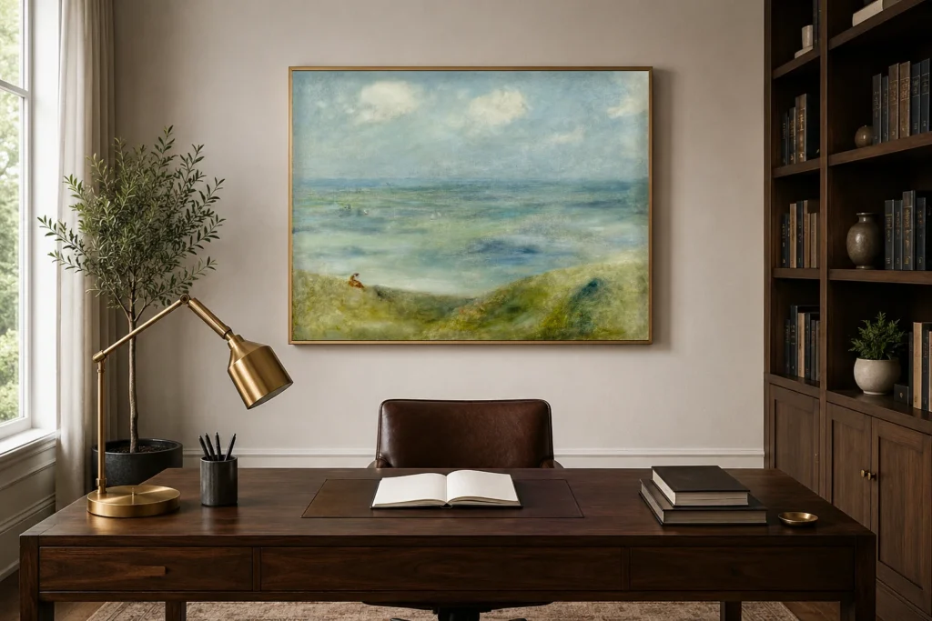 Framed print of Seascape hanging on a wall in a furnished room