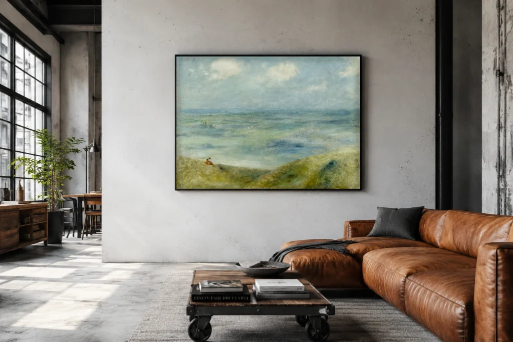 Framed print of Seascape hanging on a wall in a furnished room