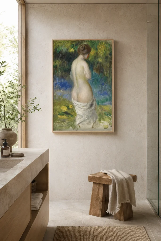 Framed print of Bather hanging on a wall in a furnished room