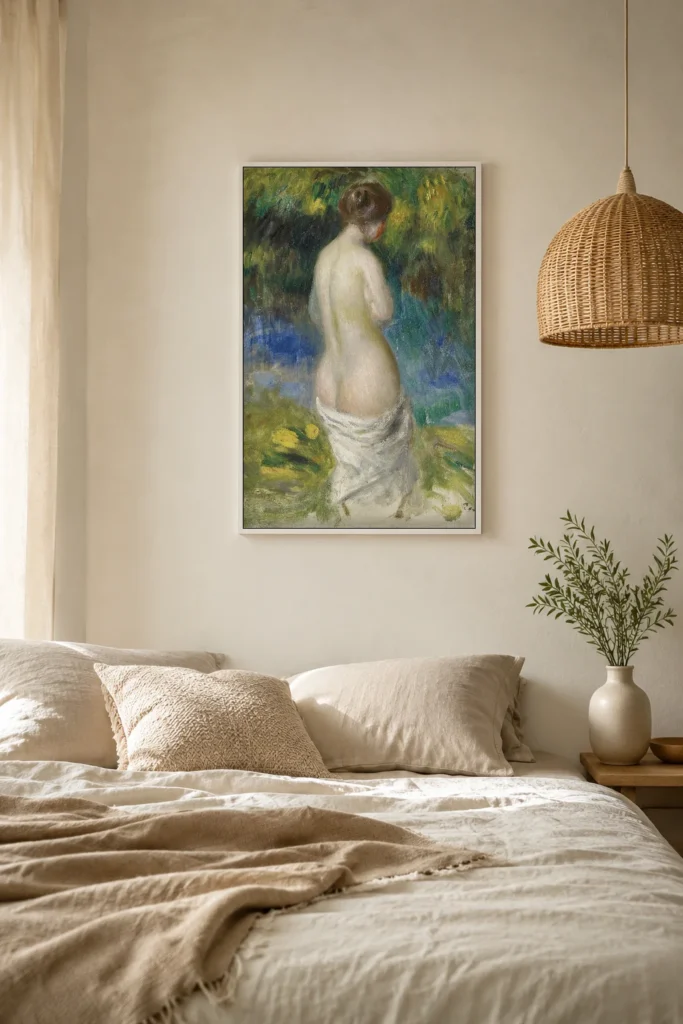 Framed print of Bather hanging on a wall in a furnished room