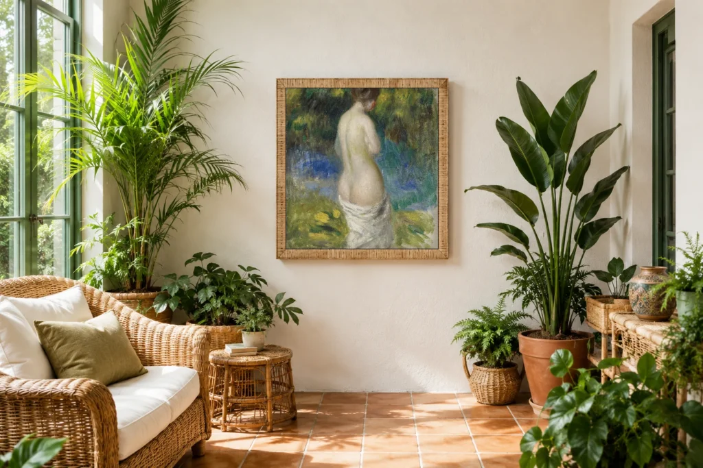 Framed print of Bather hanging on a wall in a furnished room