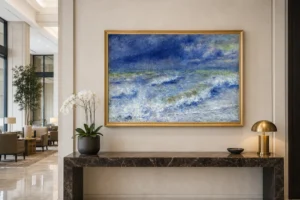 Framed print of Seascape hanging on a wall in a furnished room