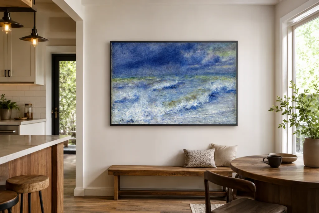 Framed print of Seascape hanging on a wall in a furnished room