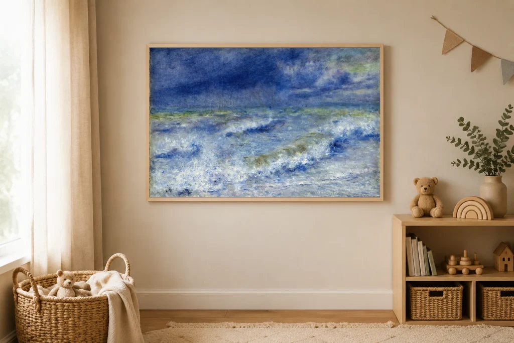 Framed print of Seascape hanging on a wall in a furnished room