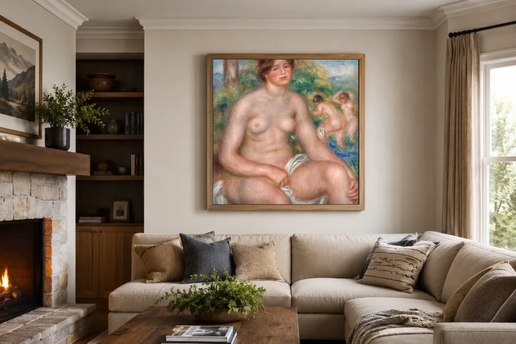 Framed print of Seated Bather hanging on a wall in a furnished room