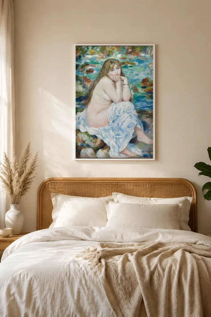 Framed print of Seated Bather hanging on a wall in a furnished room