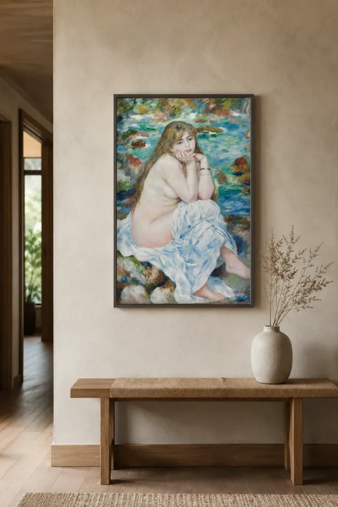 Framed print of Seated Bather hanging on a wall in a furnished room
