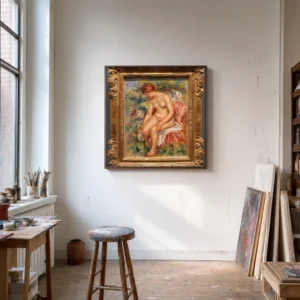Framed print of Seated Bather Drying Her Leg hanging on a wall in a furnished room